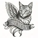 The name "Simba" between two angel wings with a cat's paw print below the name tattoo design idea