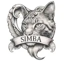 The name "Simba" between two angel wings with a cat's paw print below the name tattoo design idea