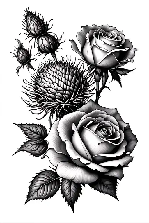 black and white thistle and rose on back of forearm tattoo design idea