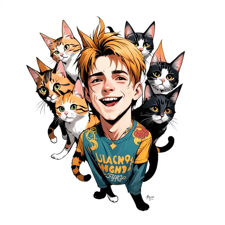 happy punk rock young man with gang of cats tattoo design idea