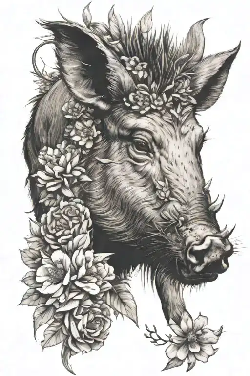 wild boar head surrounded by flowers tattoo design idea