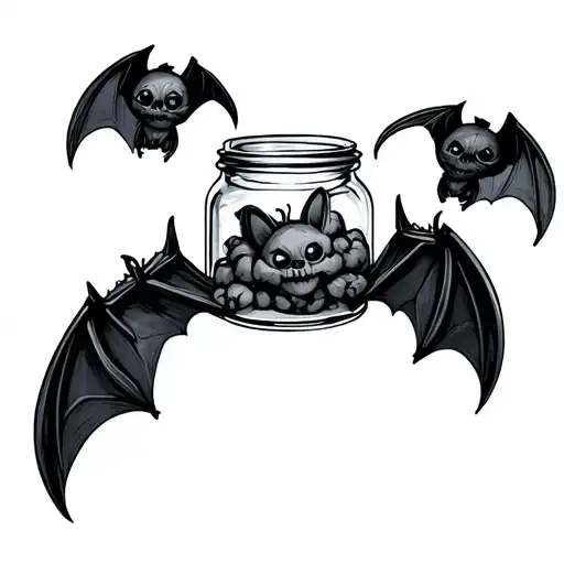 spooky bats in a jar tattoo design idea