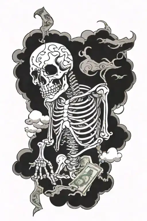 praying skeleton with clouds and cash filled tattoo design idea