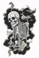 praying skeleton with clouds and cash filled tattoo design idea