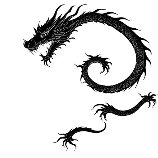 black ink Oriental dragon tattoo. The dragon starts on the right pectoral (chest),goes around the upper arm tattoo design idea