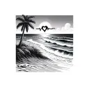 Palmtree on a sandy beach with waves crashing onto the sand and with a heartbeat in the wave tattoo design idea