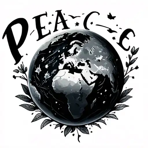 PEACE In bold writing with earth behind  tattoo design idea