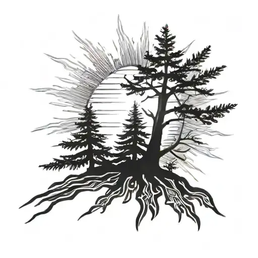 Evergreen Tree and sun with sun beam and foot prints tattoo design idea