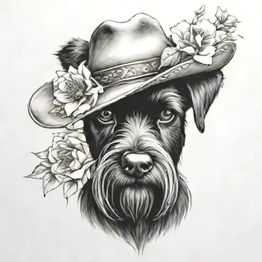 all black schnauzer with cowgirl hat and brown eyes and a collar and flowers looking to the side tattoo design idea