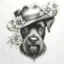 all black schnauzer with cowgirl hat and brown eyes and a collar and flowers looking to the side tattoo design idea