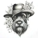 all black schnauzer with cowgirl hat and brown eyes and a collar and flowers looking to the side tattoo design idea