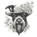 all black schnauzer with cowgirl hat and brown eyes and a collar and flowers looking to the side tattoo design idea