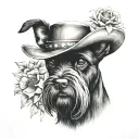 all black schnauzer with cowgirl hat and brown eyes and a collar and flowers looking to the side tattoo design idea