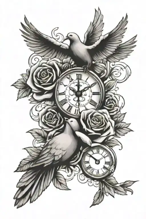 roses clock and dove tattoo design idea