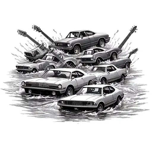 lost in a river of cars, drowning in electric guitars tattoo design idea