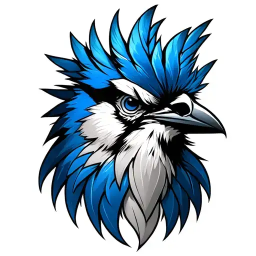 Bluejay angry exaggerated feathers on head tattoo design idea