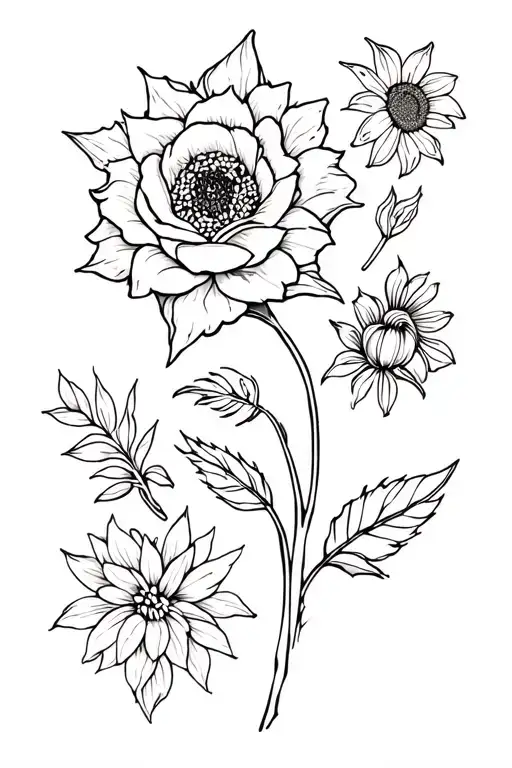 a rose in the middle, sunflowers and dahlias in the corners, multiple Peruvian lilies tattoo design idea