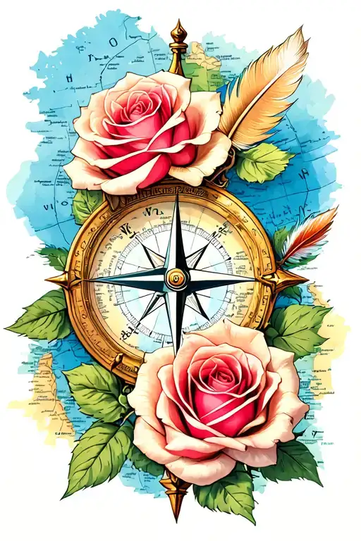 compass, 3 roses, quill, geography map tattoo design idea