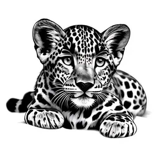 "Small realistic leopard cub tattoo design, very detailed and lifelike, in black and white, minimalistic and clean style tattoo design idea