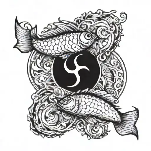 intertwined Pisces and Aquarius zodiac symbols hidden tattoo design idea