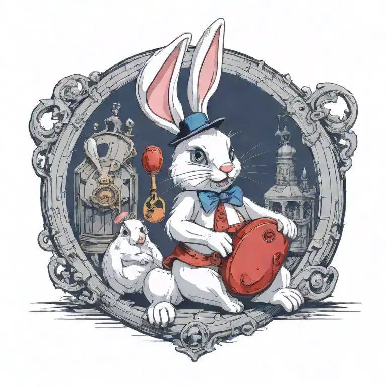 Teddy Bear that looks like an evil white rabbit with sly look holding key and calling sexy alice over to his rabbit hole tattoo design idea