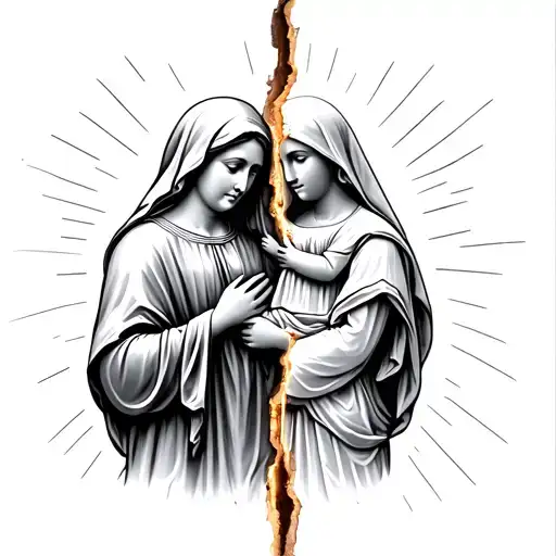 split diagonally with one side being Mother Mary mourning and the other being a palestinian mother holding her child tattoo design idea