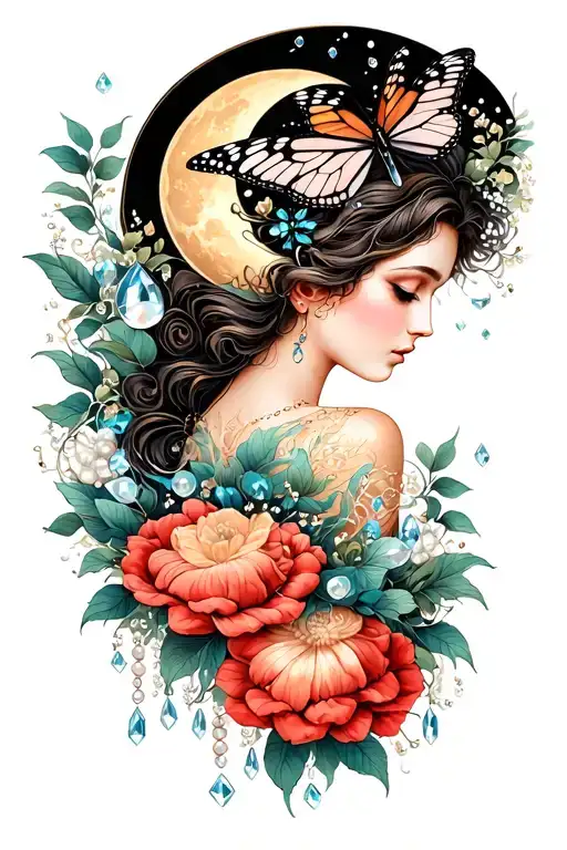 art nouveau style, mystic woman, waxing crescent moon, pearl strands, butterfly, crystals, esoteric tattoo design idea
