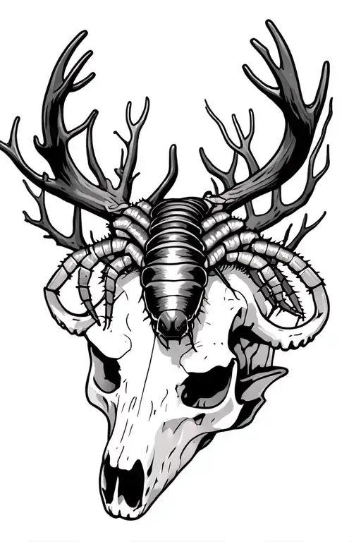 centipede crawling over a deer skull with branches behind it tattoo design idea