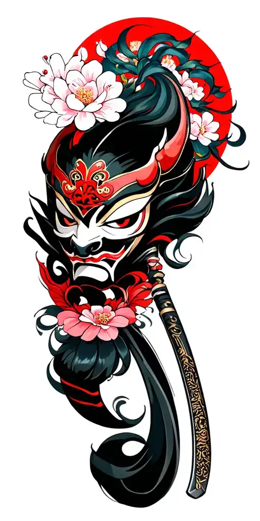 sakura, wind bar, oni mask katana tattoo design idea