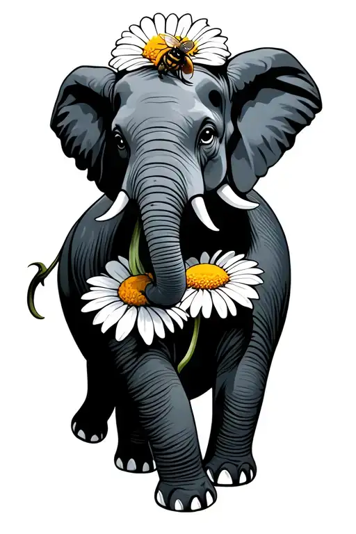 an elephant with a bee on a daisy tattoo design idea