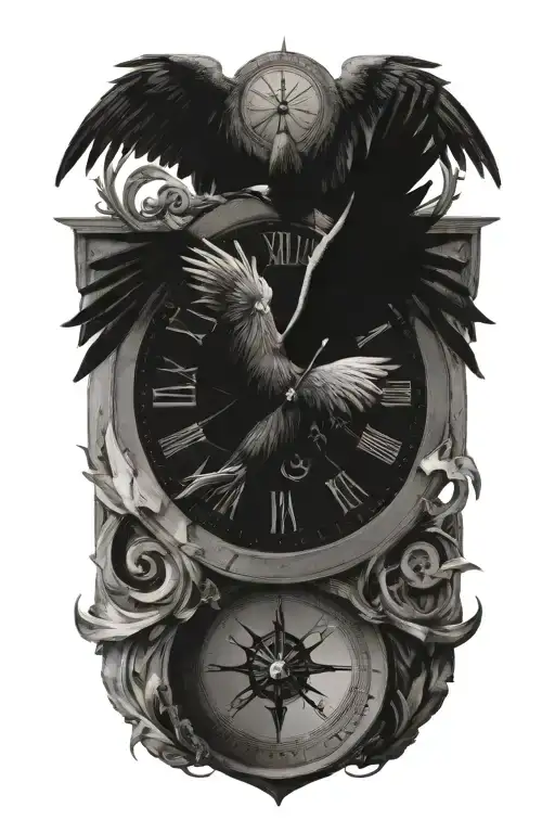 compass layered behind a clock representing the course for life over time. Overlapping is a Phoenix rising uo tattoo design idea