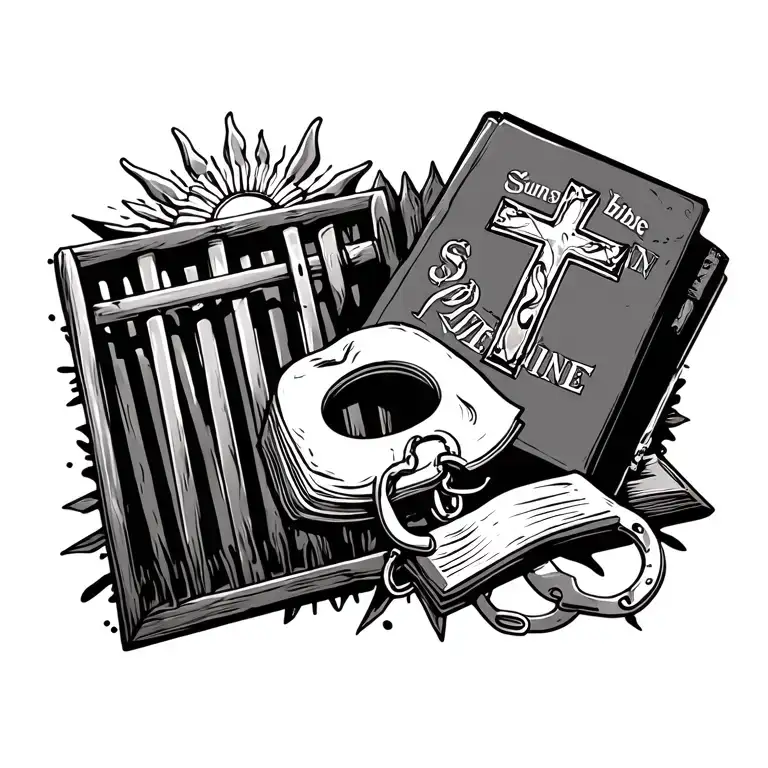 sun shining , word sunshine , prison bars , hand cuffs , bibles , pain , prison fences , crosses , women , money signs , tattoo design idea