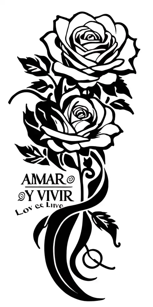 Design a tattoo with the phrase “Amar y Vivir” (Love and Live), accompanied by a rose intertwined between the two words. tattoo design idea