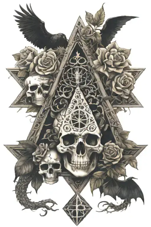 tree of life intertwined pyramid with eye and dragon  roses skulls tattoo design idea