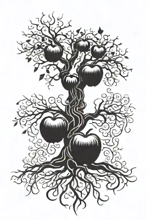 A tree with roots named as theresa and timothy and the apples named trinity trystyn and thoryn tattoo design idea