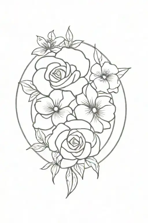 simple bouquet of rose, pansy and azalea flower outline with circle background tattoo design idea