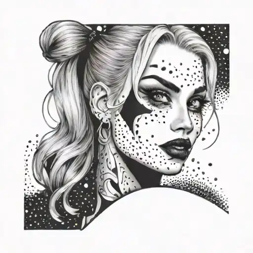 framed with harley quinn type woman face tattoo design idea