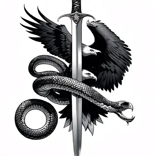 knight's sword with snake wrapped and an eagle soaring tattoo design idea