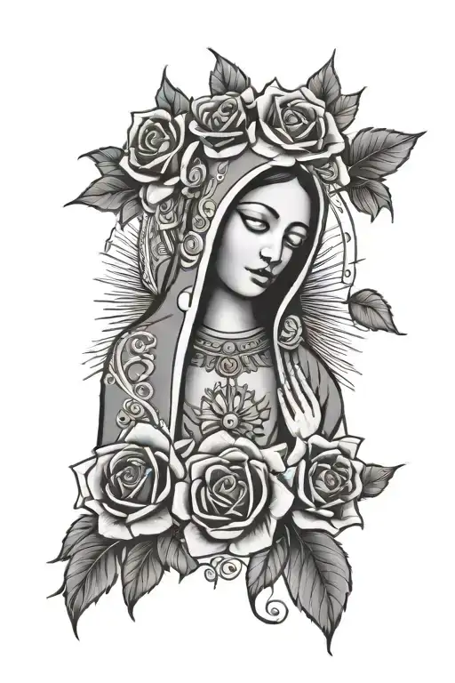 la virgin de Guadalupe Mexican with roses tattoo design idea