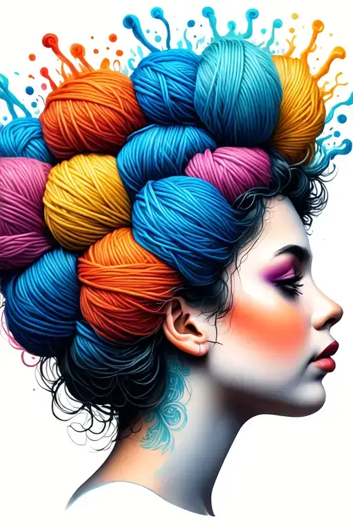 side profile female face with yarn exploding from top it tattoo design idea