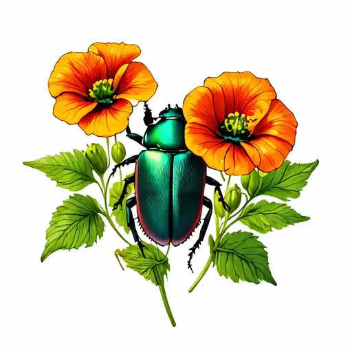 Nasturtiums behind a Christmas Beetle, generated onto skin. tattoo design idea