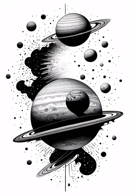 black background solar system in negative space tattoo design idea