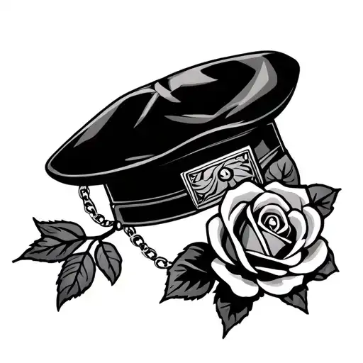 flat cap and necklace with a square pendant with a closed rose bud tattoo design idea