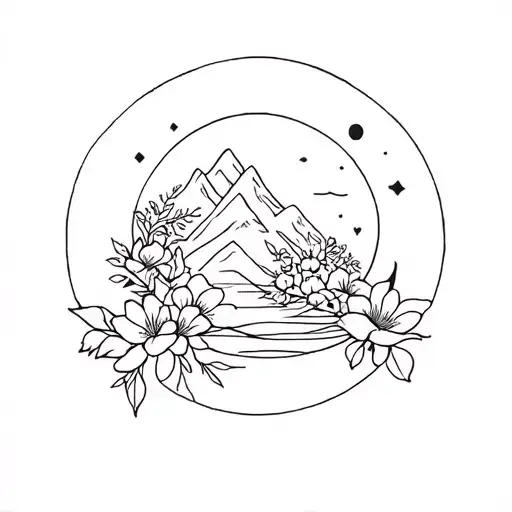 Female Aquarius zodiac sign flowers elegant fine line hurting by the past loving nature mountain and travel tattoo design idea