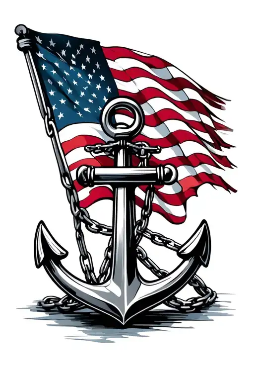 US navy anchor with chain around the anchor with an American flag as the background  tattoo design idea