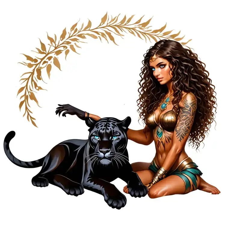 female warrior with long brown curly hair, brown skin and blue eyes petting a black panther like it is her spirit guide tattoo design idea