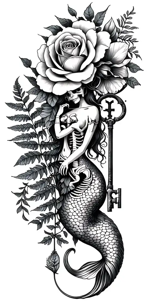 illustrated fine line poetic tattoo with fern, magnolia, rose, a wispy mermaid, skeleton key, ivy, marigold,  tattoo design idea
