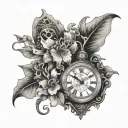tiger Lily's with snake intertwined on a steampunk grandfather clock tattoo design idea
