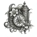tiger Lily's with snake intertwined on a steampunk grandfather clock tattoo design idea