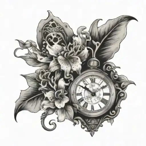 tiger Lily's with snake intertwined on a steampunk grandfather clock tattoo design idea